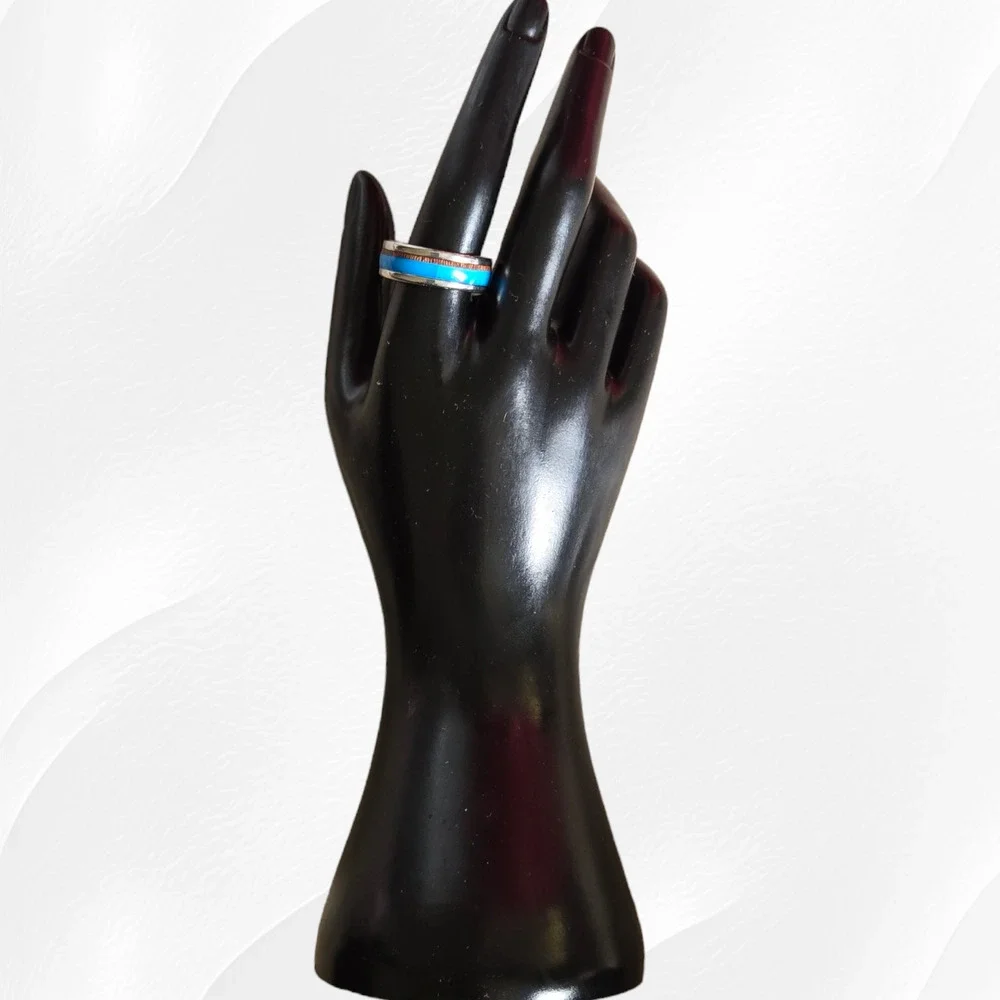 Turquoise Wood Pattern Band Inlay Stainless Steel Fashion Ring Size 11